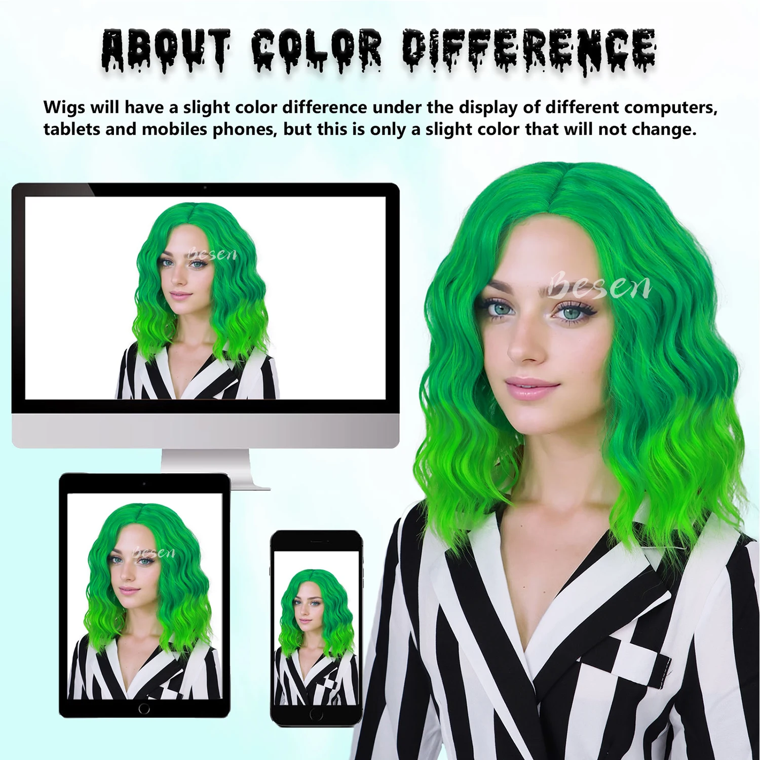 Synthetic Green Ombre Wig for Women Short Curly Wavy Green Bob Wigs Cosplay Halloween Wigs Heat Resistant Bob Party Wig