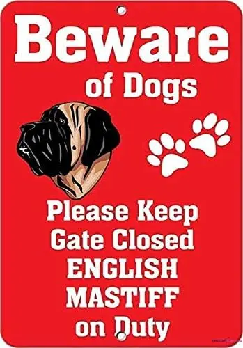 Novelty Warning Metal Tin Sign English Mastiff Dog Beware of Fun Sign Outdoor Security Farm Yard Warning Decoratives Metal Alumi