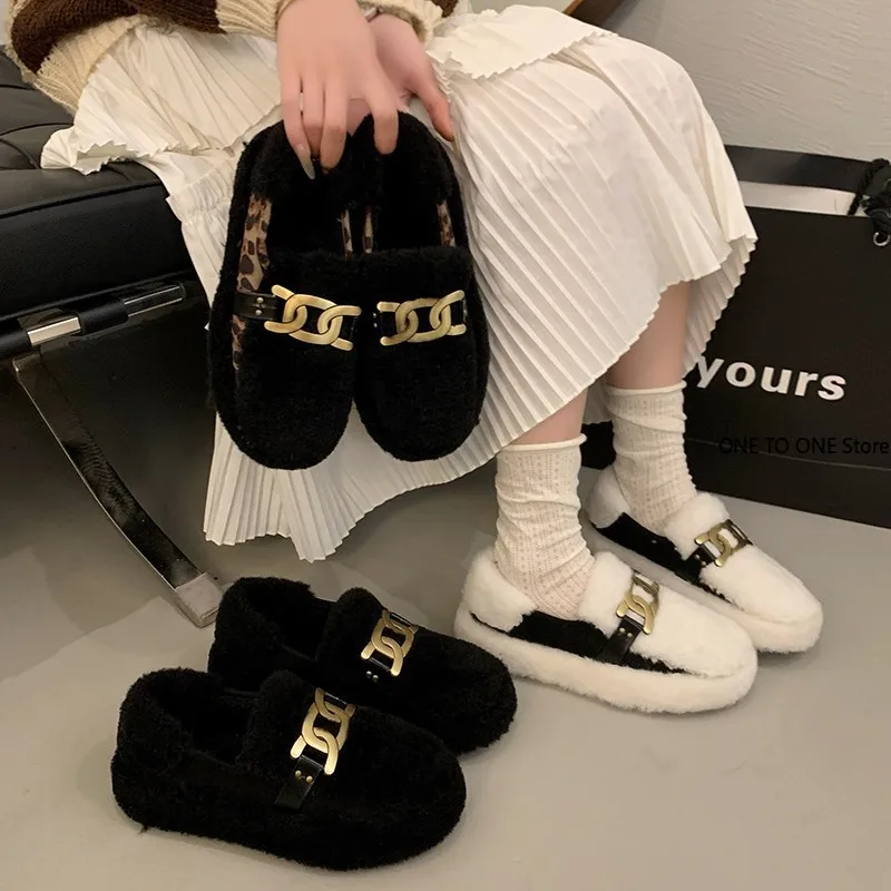 Black/white Mixed Color Lambwool Winter Shoes Woman Brand Metal Chains Curly Fur Flats Women Work Shoes Comfortable for Work