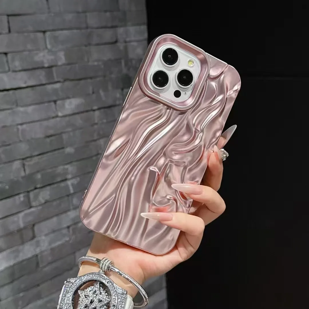 

Luxury Senior Solid Color Crumpled Fold Pattern Plating Phone Case For iPhone 16 15 14 Pius 13 12 11 Pro Max Smooth Matte Cover