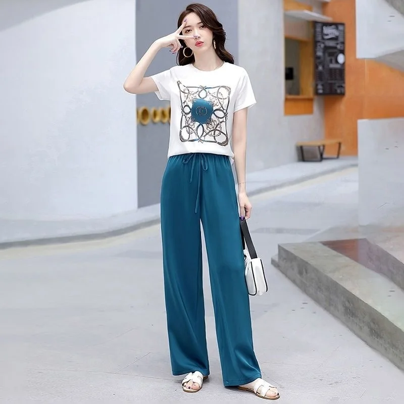 Garnitur damski 2024 Summer New Korean Style Short Sleeve Tops Fashion Wide Leg Pants 2 Two Piece Set Casual Plus Size Female Outfits