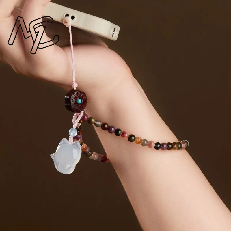 Natural Real Candy Colored Tourmaline Mobile Phone Chain Beads Bracelets Amulet Jewelry Talismans Vintage Accessories Carved