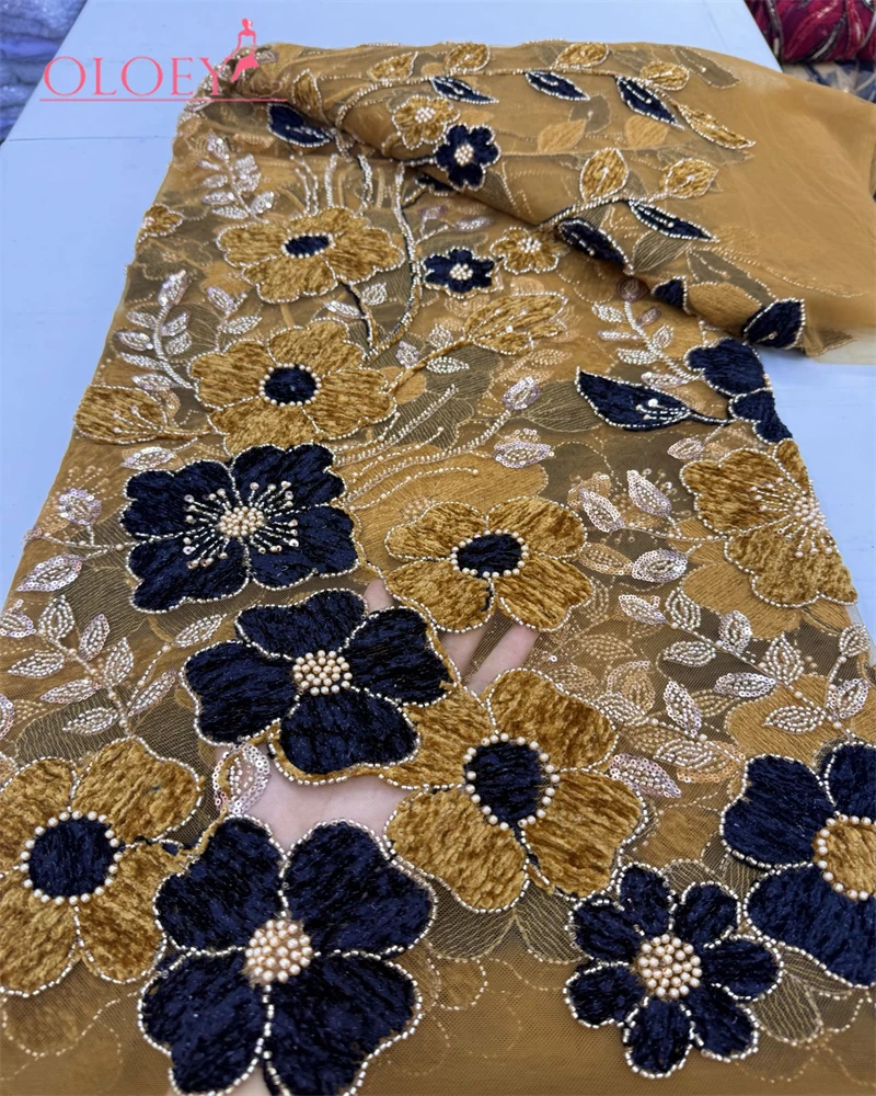 

OLOEY French 3D Flower Wedding Dress Lace Fabric African Nigerian Beaded Sequins Embroidered Lace Fabric for Wedding Party 5 Y