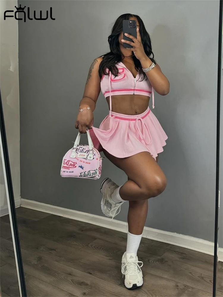 Habbris Estate Y2K Rosa Sexy 2 Pezzi Set Abbigliamento Sportivo Casual Per Le Donne 2024 Senza Maniche Cerniera Crop Top E Minigonna A Pieghe Set