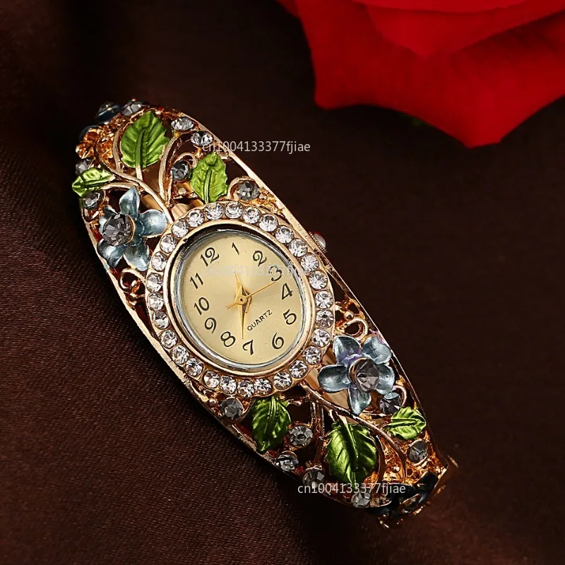 Fashion Women's Watches Stainless Steel Rhinestone Quartz Watch Women Fashion Flower Vintage Bangle Elegant Wristwatch  Reloj