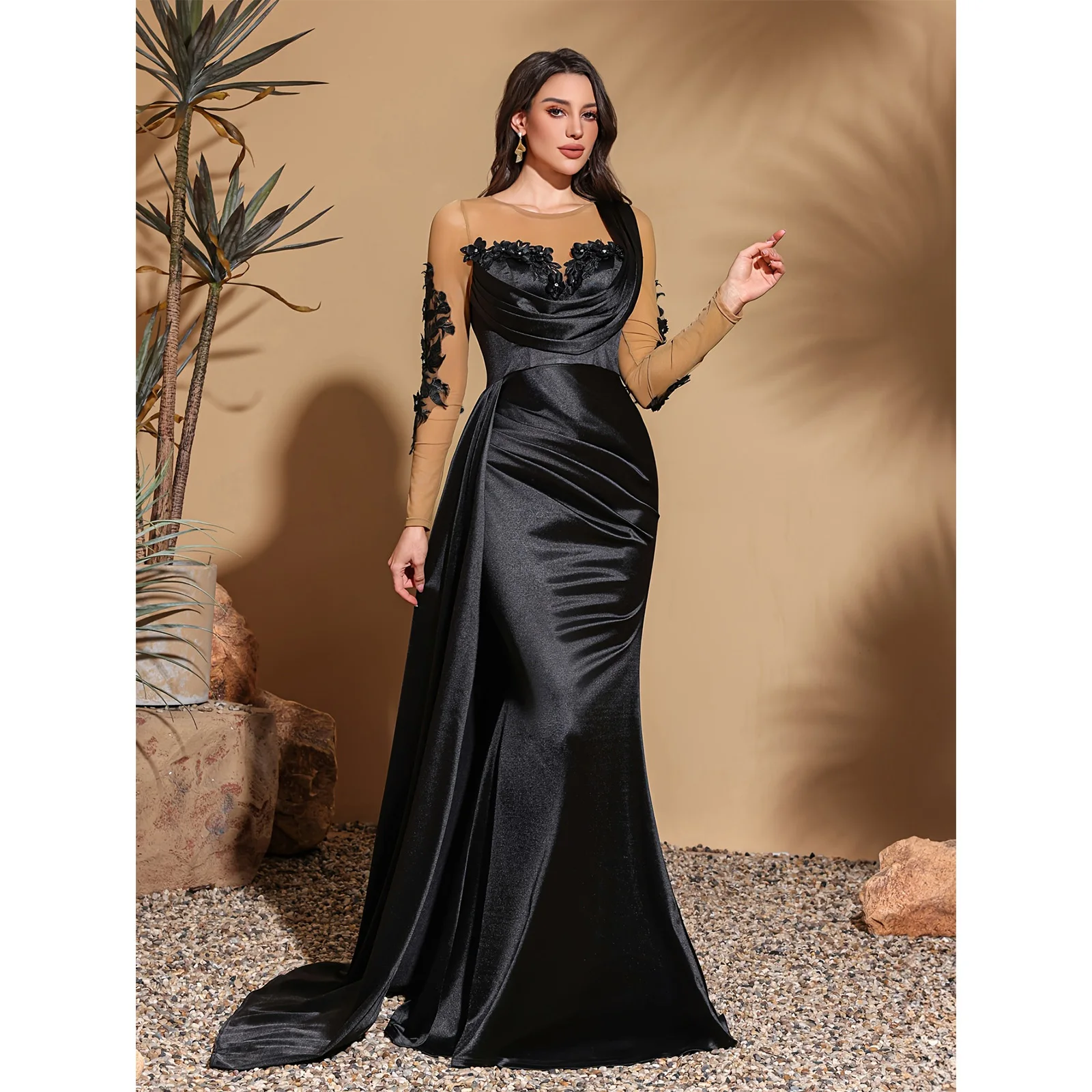 

Appliqued mesh long-sleeved satin dress with side ribbons