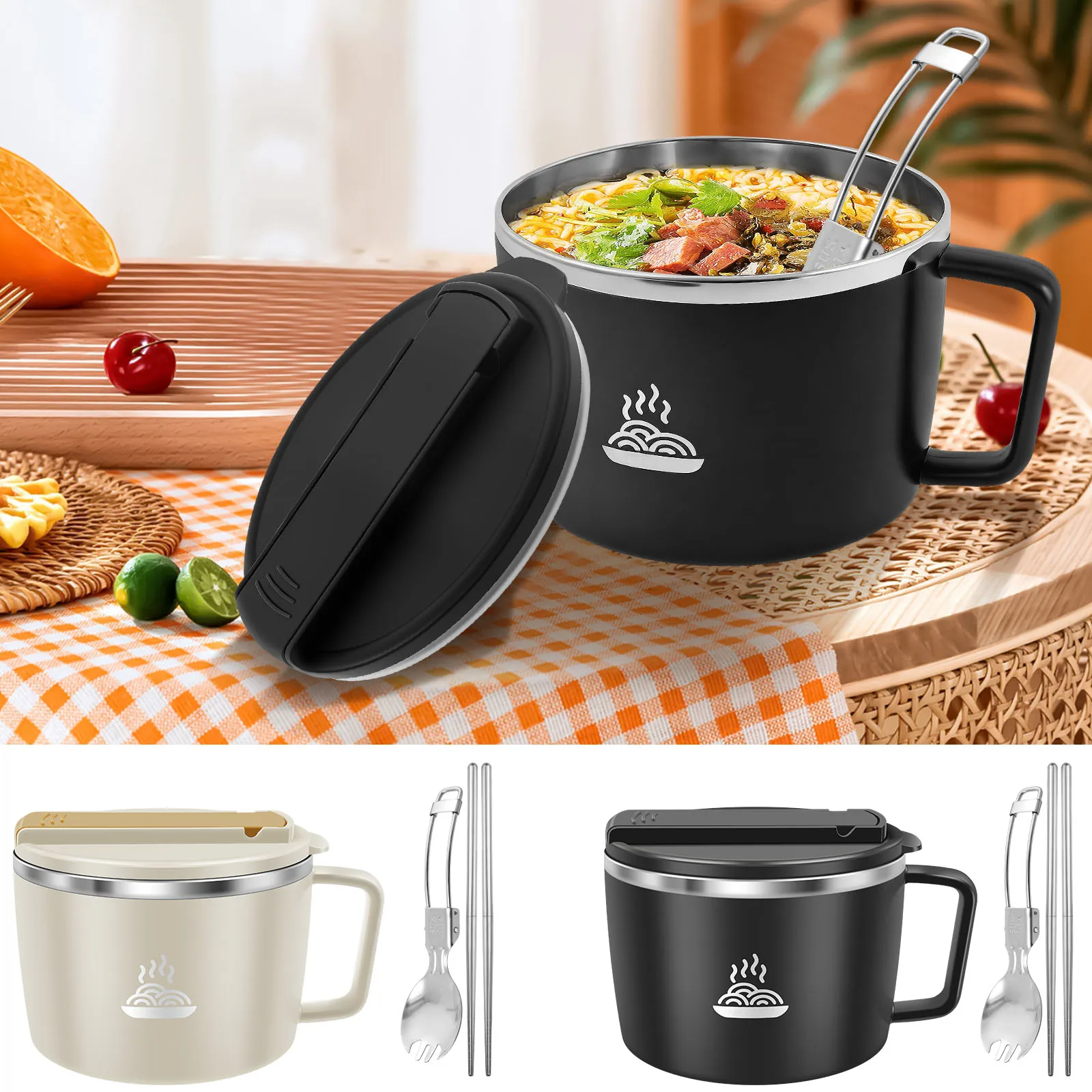 Edelstahl-Nudelschüssel, doppelte hohle Ramen-Schüssel, 1200 ml, großes Fassungsvermögen, sofortiger Nudelbecher, gute Abdichtung für Zuhause im Freien