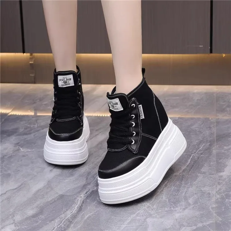 Fashionable 12cm High Heel Canvas Shoes with Strap Waterproof Platform and Internal Heightening for Women  women sneakers