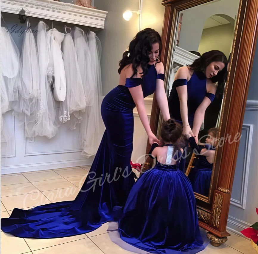 Koningsblauwe bloemenmeisjesjurk bruiloft luxe fluwelen halter backless lange jurk meisje verjaardagsfeestje avondjurk
