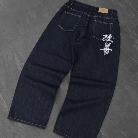 Fromszn raw baggy jeans Y2K retro art font embroidery black jeans Harajuku hip hop unisex woven washed patchwork wide leg pants
