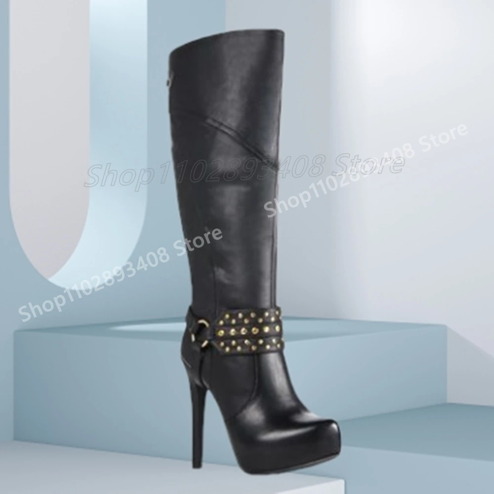 Metal Chain Decor Rivets Mid Calf Boots Side Zipper Matte Sexy Stiletto High Heel Fashion Women Shoes 2025 Autumn Para Mujere