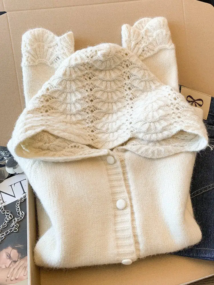 

Женская утепленная вязаная кофта-худи с вырезами, зимняя новинка, для повседневной носки, из мягкого полиэстера, с длинными рукавами, на пуговицах