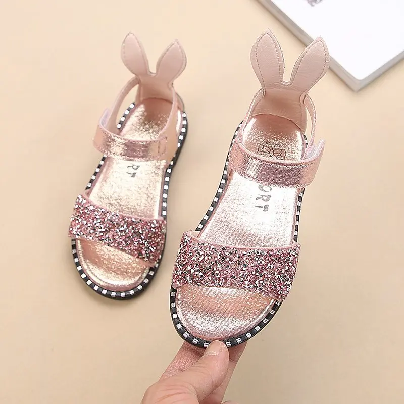 Children Sandals For Toddlers Girl Big Girls Kids Beach Shoes Cute Sweet Princess Rhinestone With Rabbit Ear Soft Fashion 21-36