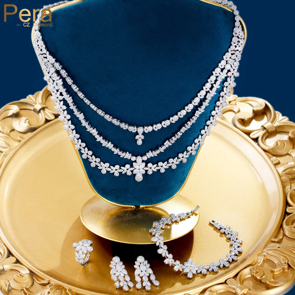 

Pera Elegant Shiny White CZ 3 Layers Leaf Drop Pendant Necklace Earrings Ring Bracelet Evening Party Jewelry Sets for Women J545