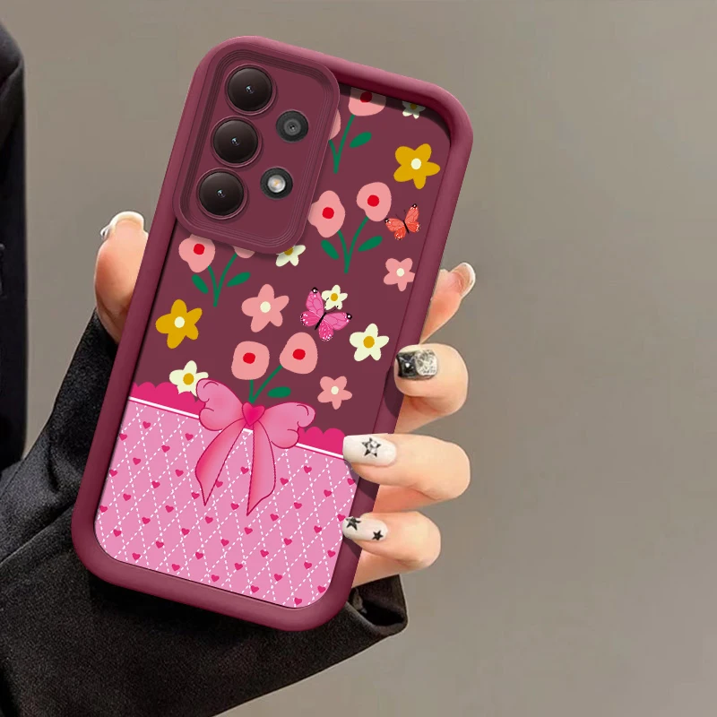 Matte Silicone Phone Case For Samsung Galaxy A57 A56 A36 A26 A34 A24 A14 A73 A53 A33 A23 A17 A16 A55 Bow Flower Pattern Cover