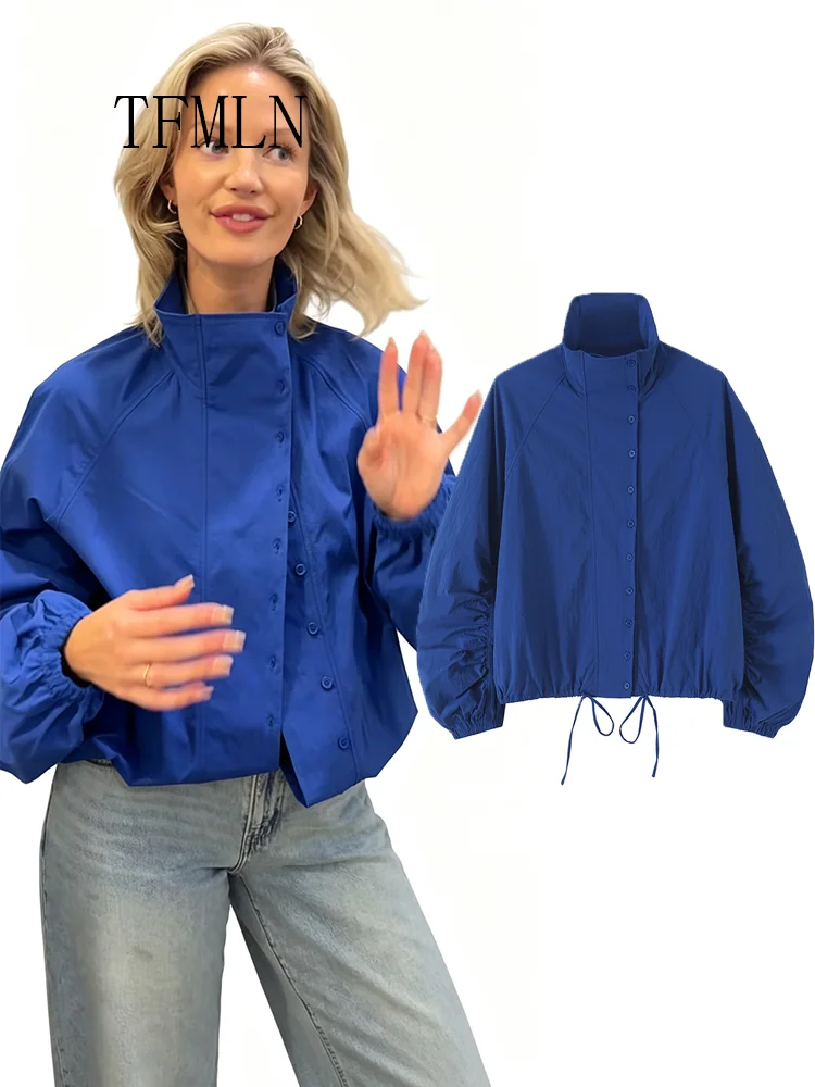 2026 Autumn Fashion Women Single Breasted Jackets Chic Causal Full Sleeve Stand Collar Outwear High Street Drawstring Coat Tops