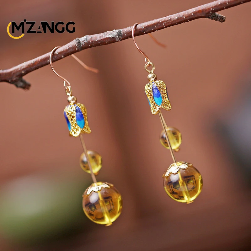 Pendientes de cera de abeja de plata de viento étnico, pendientes de ámbar de viento chino femenino, aceite de pollo amarillo, Cloisonne de cera vieja, regalo de joyería Vintage