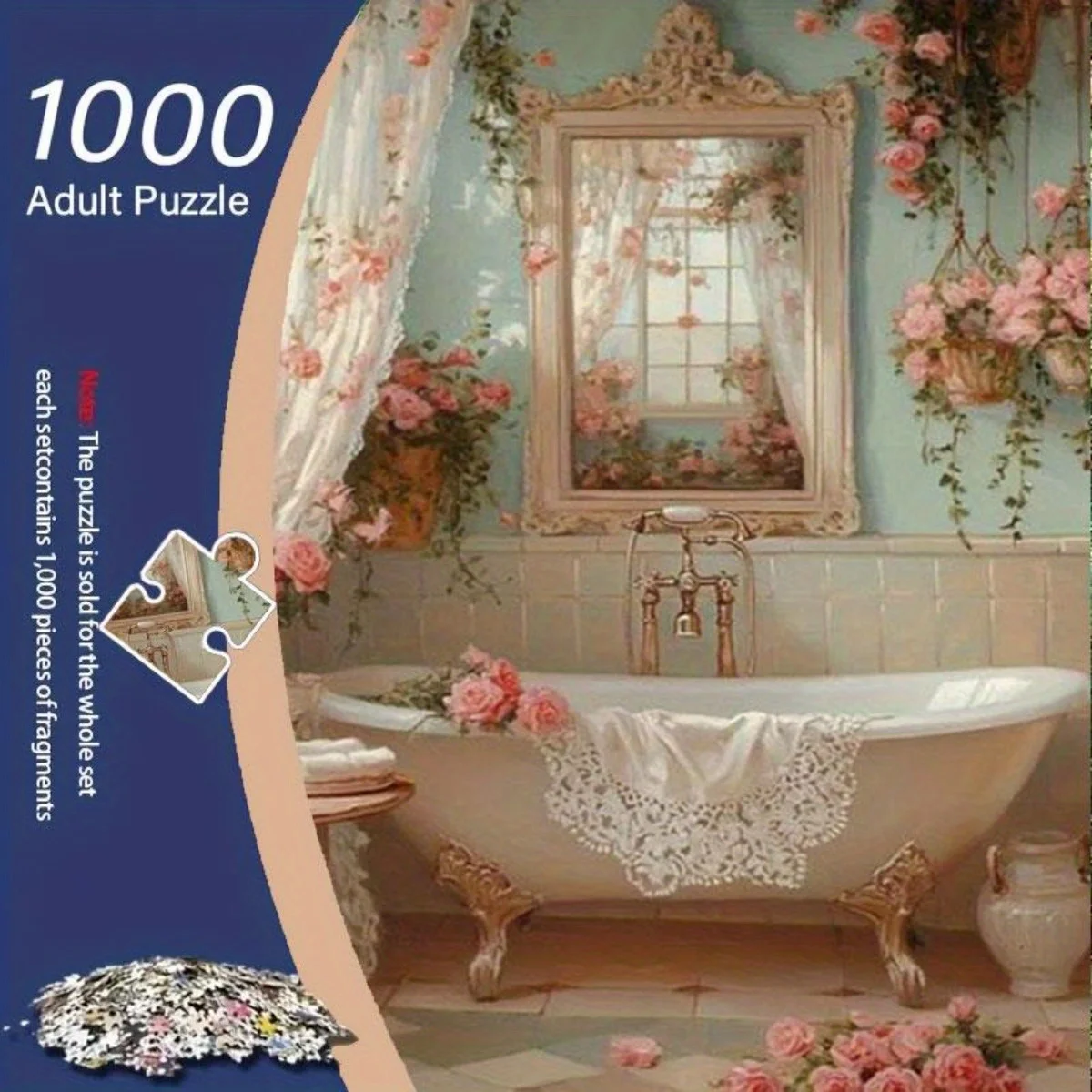 

1000 шт. пазл для взрослых — винтажная сцена для ванной комнаты с мягкими синими стенами, ванной на когтях, розовыми розами — большой безрамный пазл для взрослых