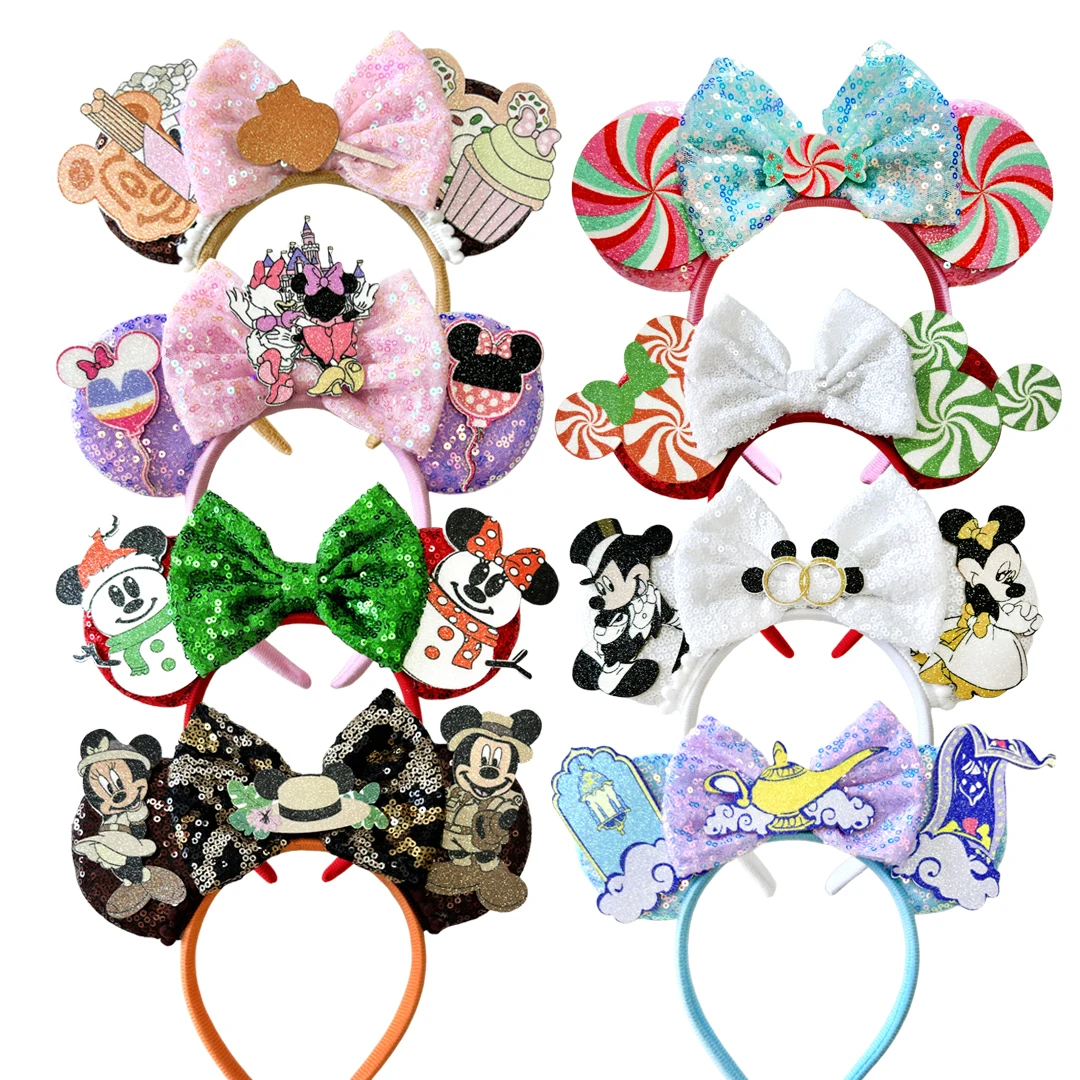 2024 Newest Mickey Minnie Ears Headband Christmas Festival Party Sequins Bow Kid Adult Hairband Women Girl Hair Accessories Gift