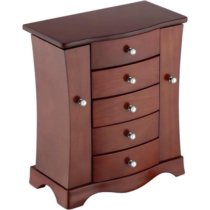 Jewelry Box - Made of Solid Wood with Tower Style 4 Drawers Organizer and 2 Separated Open Doors on 2 Sides and Large Mirror