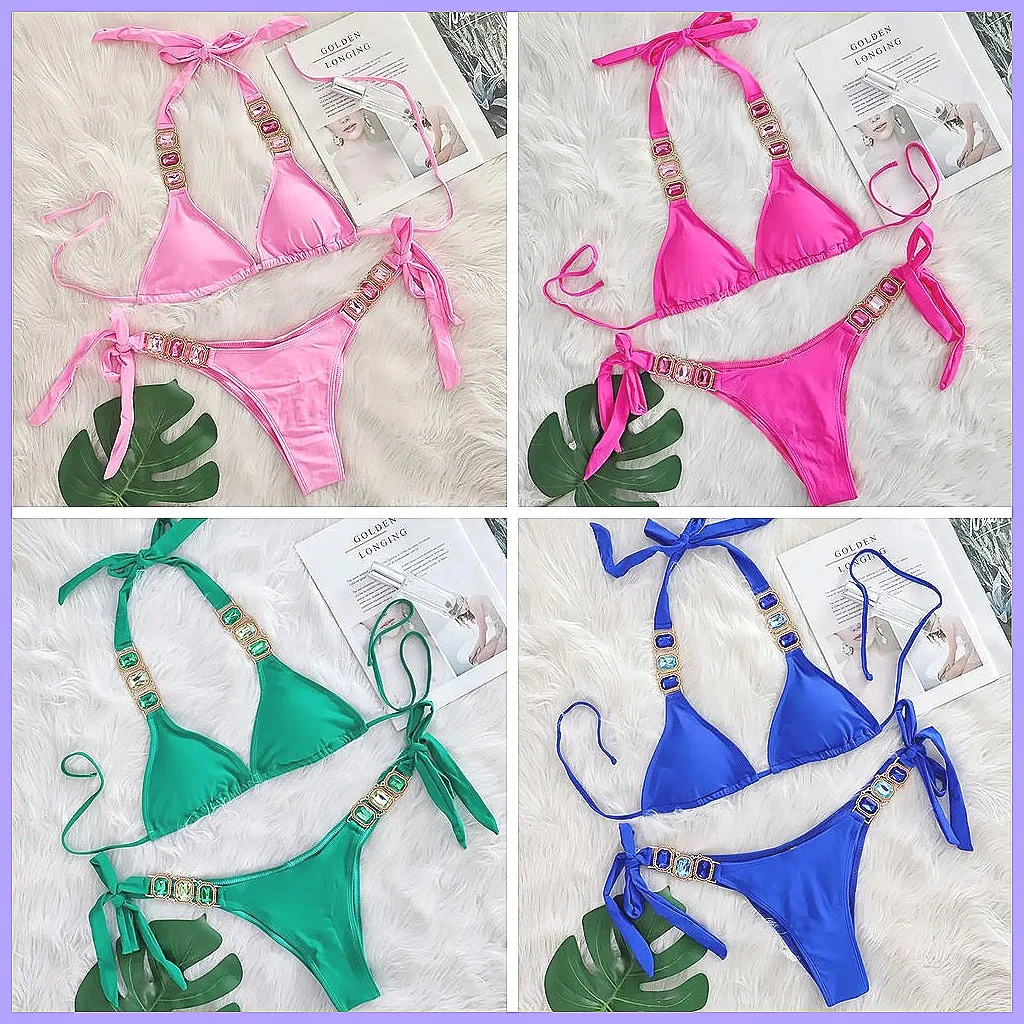 

2026 Sexy Rhinestone Push Up Bikini Set for Women, High Waisted Beach Swimwear Bathing Suits