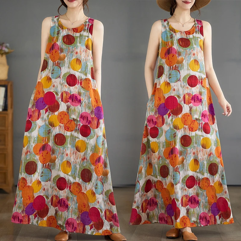 夏新作 n Sle 薄手コットンリネン Dr Svel ラウンドネックプリントロングスカート ワイドウエスト Aラインシルエットガウン