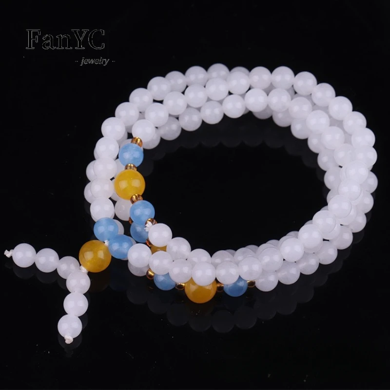 Natural Gold Silk Jade Three Circle Hand String White Jade 108 Buddhist Beads Bracelet Exquisite Fashion Ladies Holiday Gift