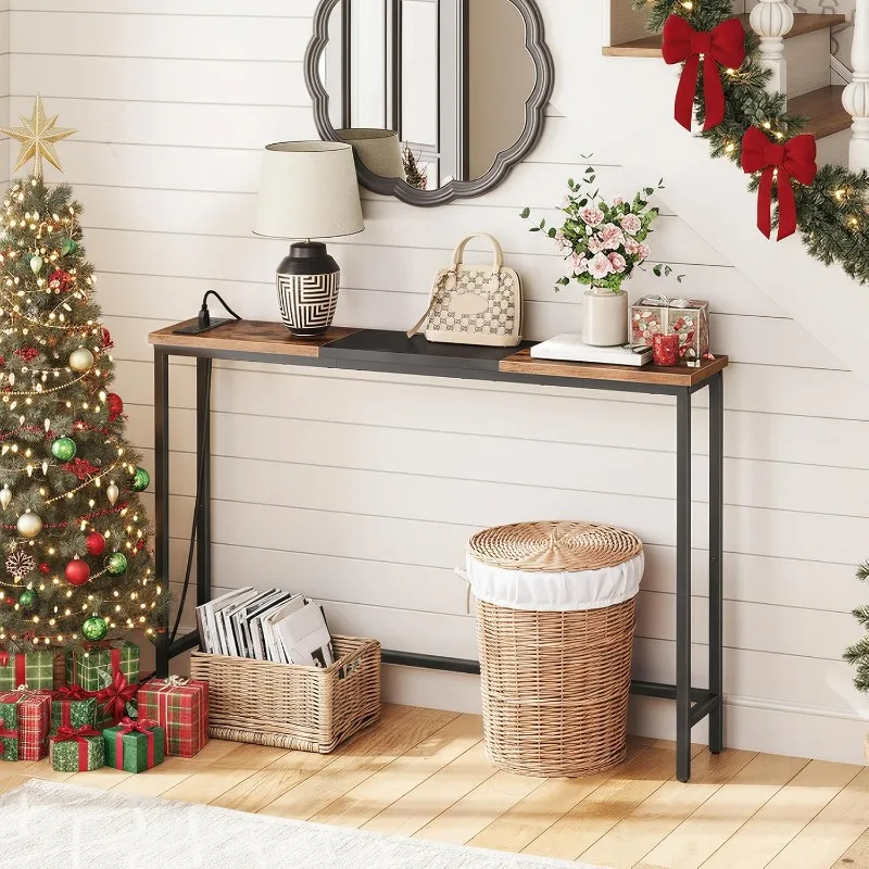 

Narrow Console Table with Power Outlets, 44.9 Inches Sofa Table, Slim Behind Couch Table, Entryway Table with Display Shelf