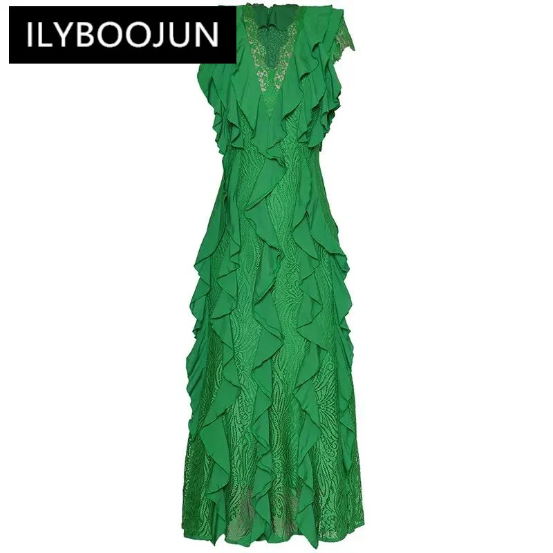 

ILYBOOJUN Fashion Women's New V-Neck Short-Sleeved Lace Patchwork High-Waisted Flounced Edge Vintage Ball Gown Maxi Dress