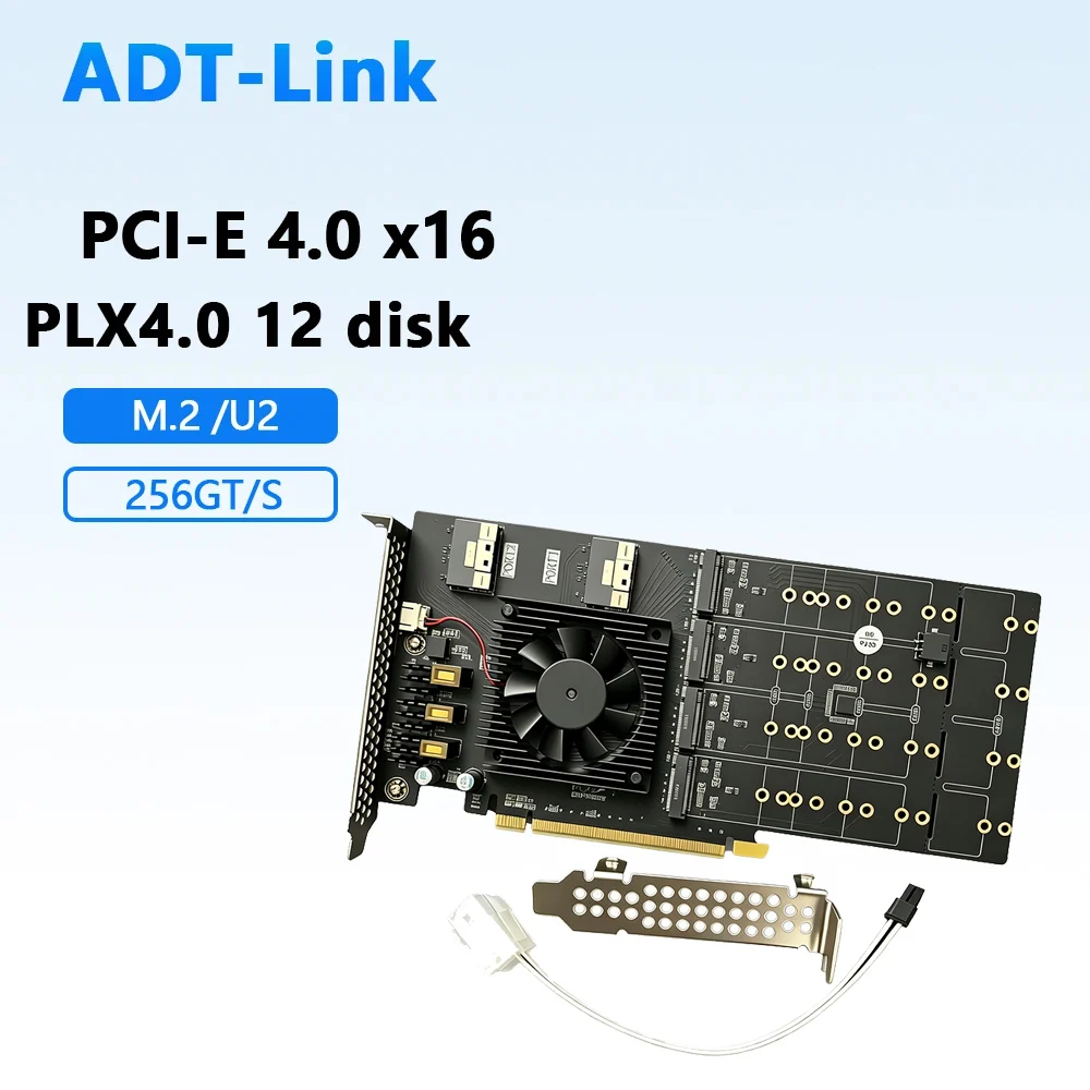 12-Port PCIe 4.0 x16 M.2 NVMe SSD Expansion Card, No Bifurcation Needed, Broadcom PEX Chip, Supports U.2 & 2230-22110 SSD, Plug