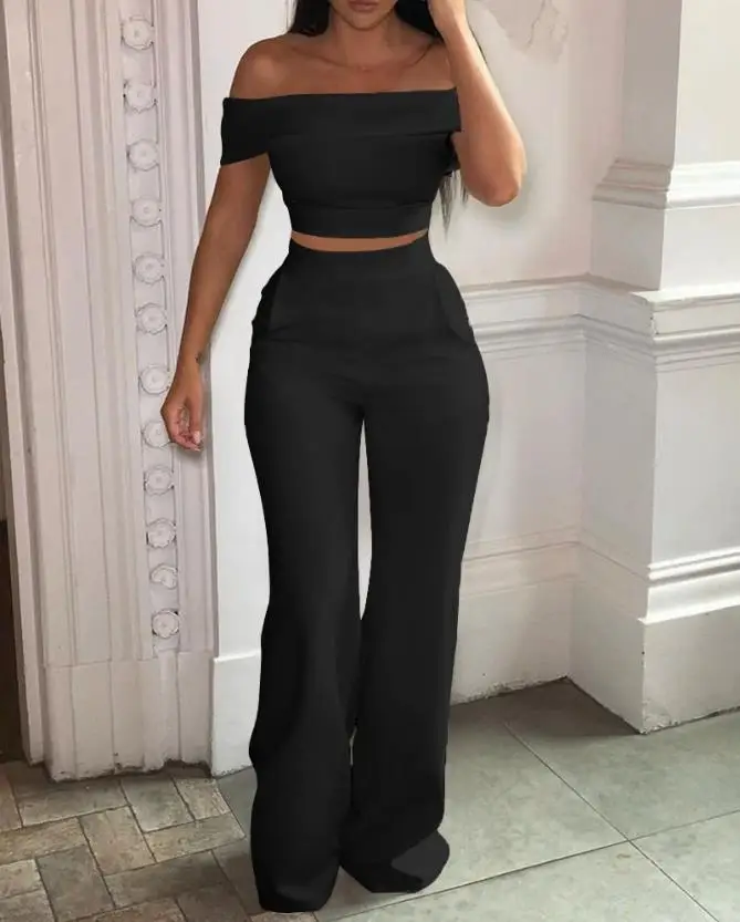 Women's New Style Wear Off The Shoulder Short Sleeved Top and High Waist Pocket Pants Solid Color Fashion Ladies Set
