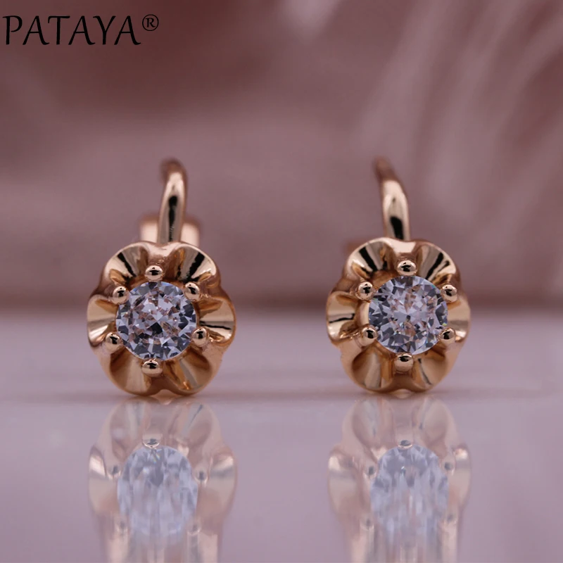 PATAYA New 585 Rose Gold Color Exquisite Natural Zircon Dangle Earrings Rings Sets Women Wedding Party Jewelry Set Gift