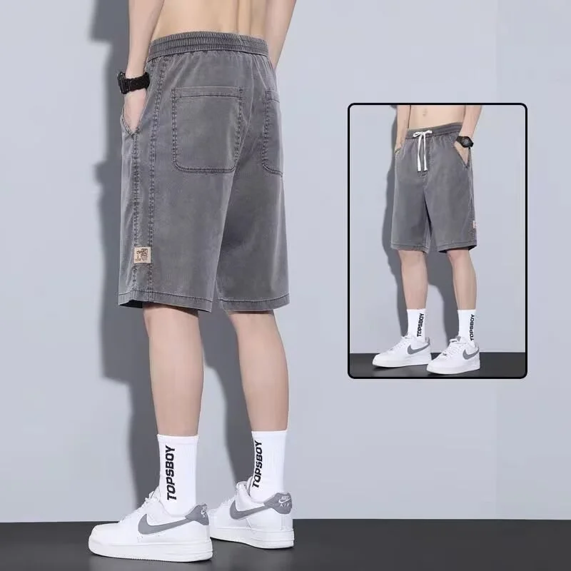 

Лето 202, мужские тонкие мешковатые джинсовые шорты, корейские модные джинсовые шорты с аппликацией на шнурке, уличная одежда, прямые джинсовые шорты Y2K