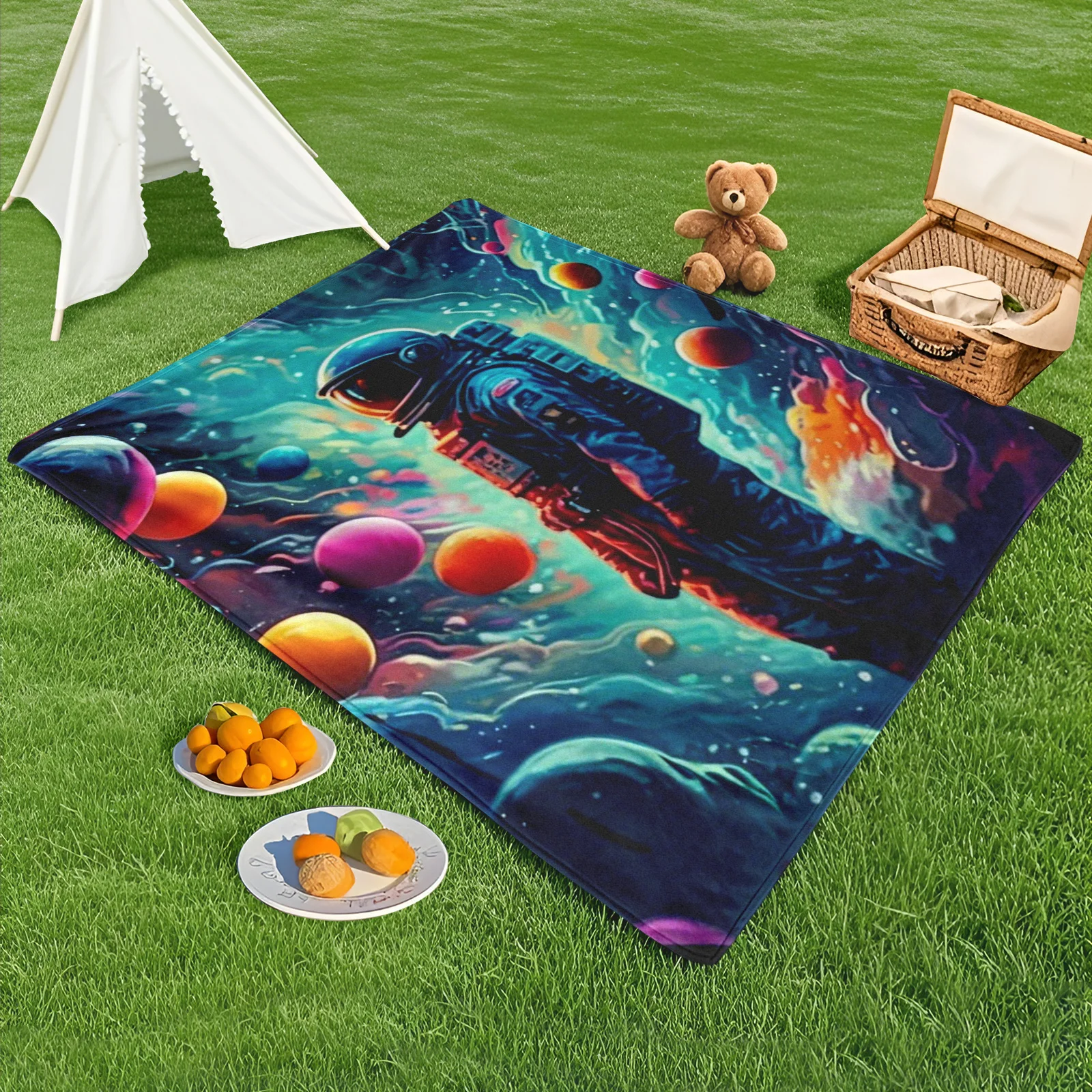 

Astronaut Exploring Blue Planets Design Outdoor Blanket For Camping And Celestial Themed Decoration