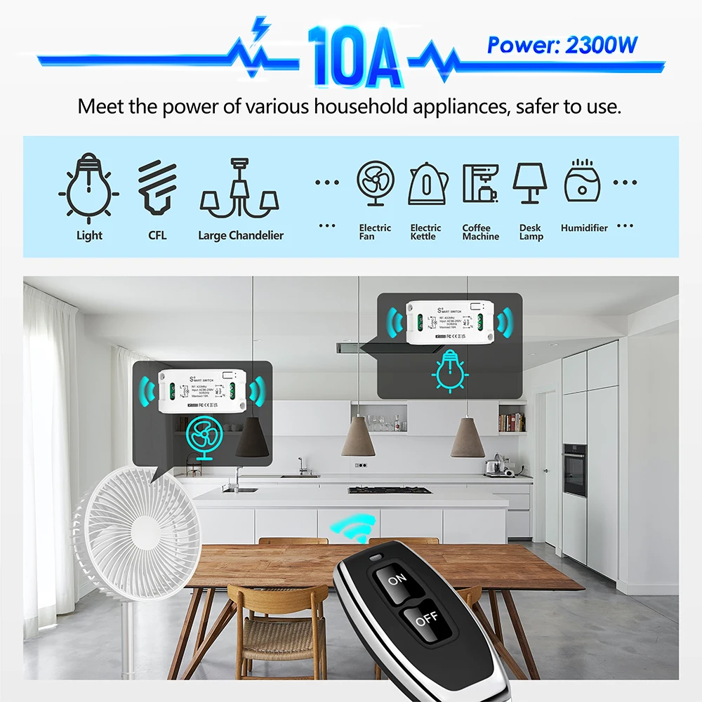 Universal Wireless Remote Control Switch AC 110V 220V 10A RF433MHz Mini Relay Receiver,50 Meters Transmitter,for Lamp Fan ON/OFF