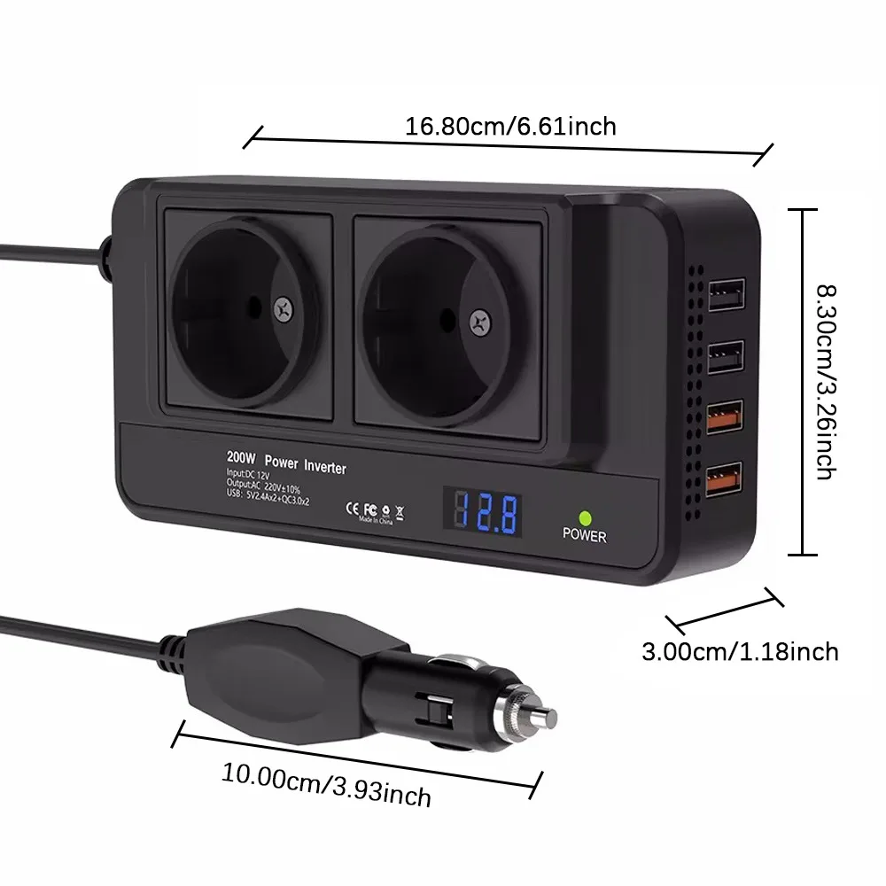 Car Power Inverter 12V to 220V 200W Peak Power DC To AC Auto Cigarette Lighter Mounted with 4 USB AC EU Socket Car Accessories