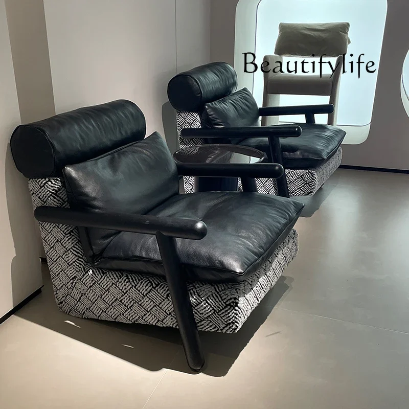 S Living Room Full Leather Single Leisure Chair Smoked Solid Wood Foot Design High-end Down Sofa Chair Lazy Sofa