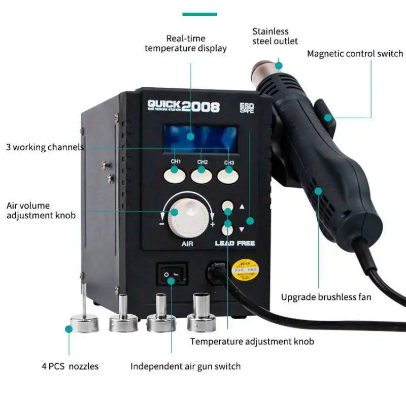 Original Quick 2008 Welding Solder Iron BGA SMD PCB IC Repair Hot Air Gun Soldering Station Rework Station For Cell Phone