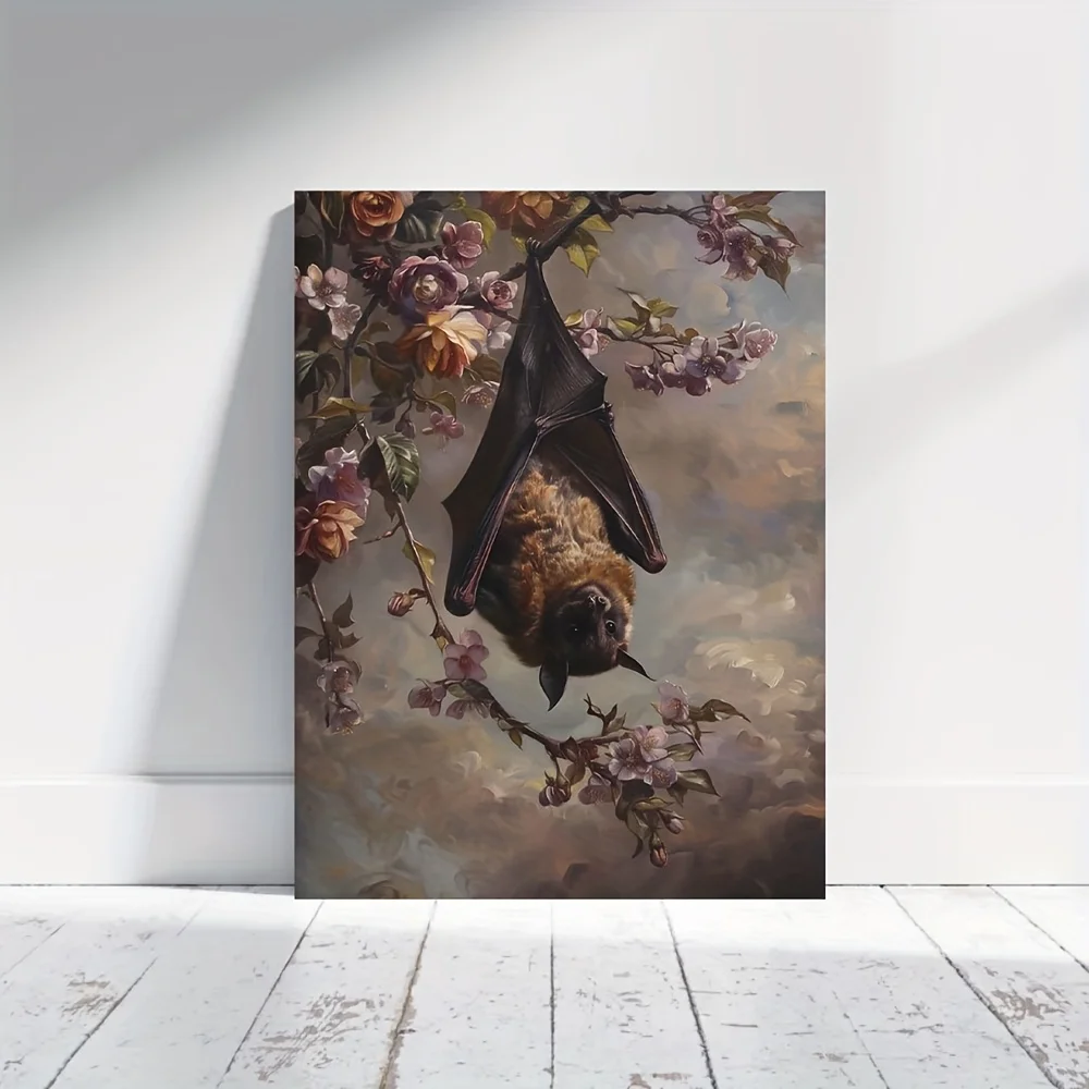 1pc Framed Canvas Painting - Floral Botanical Bat Wall Art, Gothic Fantasy Forest Print with Vibrant Flowers & Bat Design