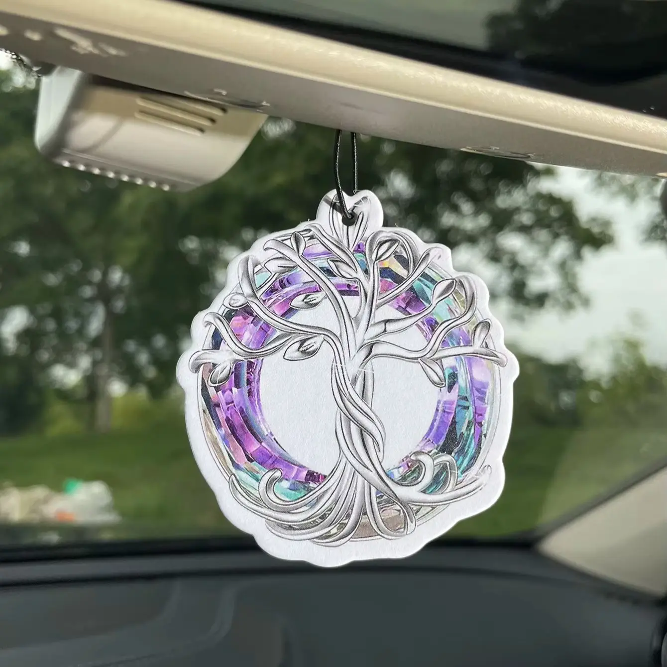 Silver Metallic Tree of Life Hanging Car Air Freshener Paper Scent Card, Crystal Rainbow Ring Art Design, Natural Plant Extract