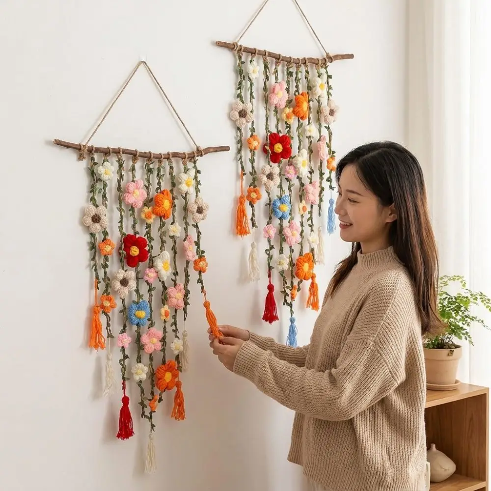 Handmade Crochet Floral Vine Wall Hanging Yarn Crochet Natural Wooden Branch Hand Knit Flower Tapestry Colorful Flowers