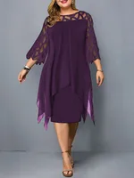 Vestido de noche elegante midi con mangas huecas y encaje, sexy y liso, para mujer, talla XXL, cuello redondo, para fiesta, para mujeres de talla grande