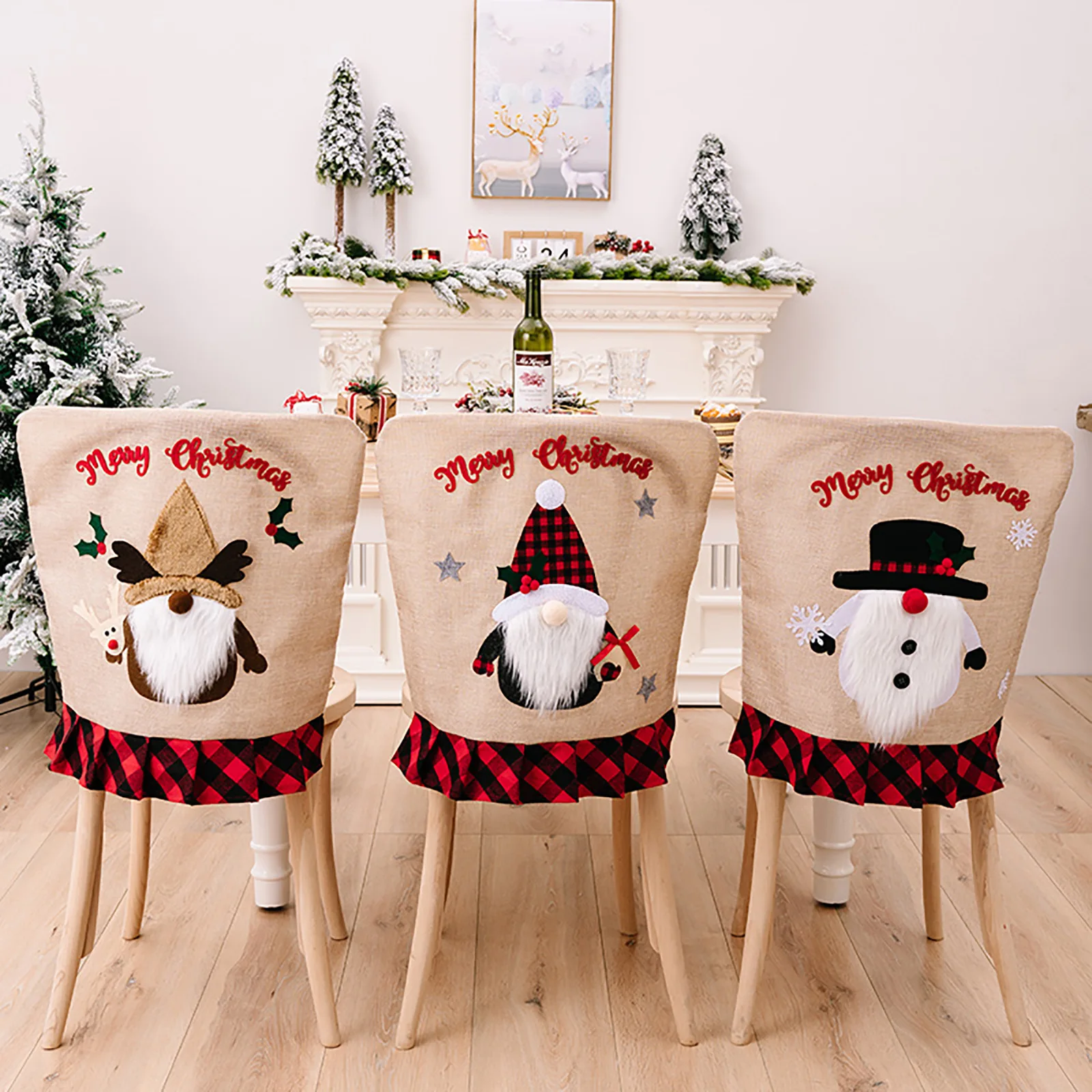 Christmas Chair Cover New Design Red Black Plaid Santa Claus Cartoon Holiday Decor