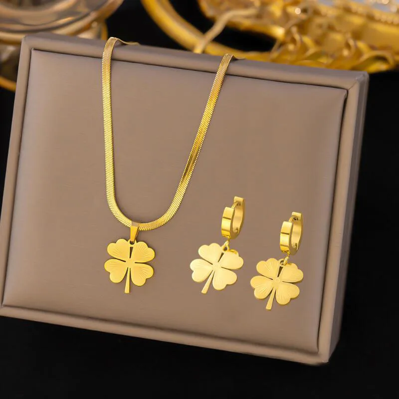 2023 Stainless Steel Lucky Four Clover Flower Pendant Necklace Earrings for Women Jewelry Set High Quality Luxury Birthday Gift