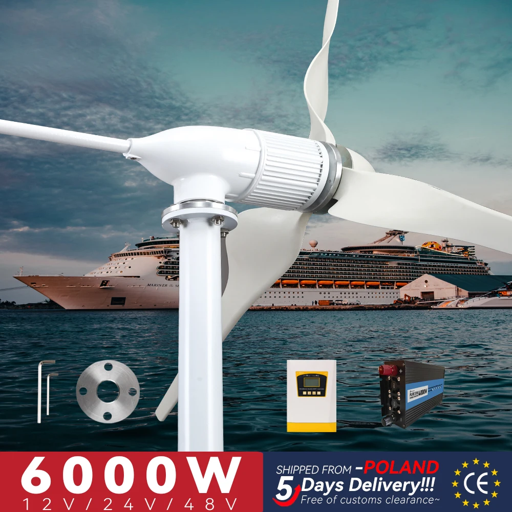 5days EU Deliver 4000W  Wind Turbine Generator Axis Windmill Energy Sources 12/24/48v 6KW 3 Blades Mppt Charge Controller