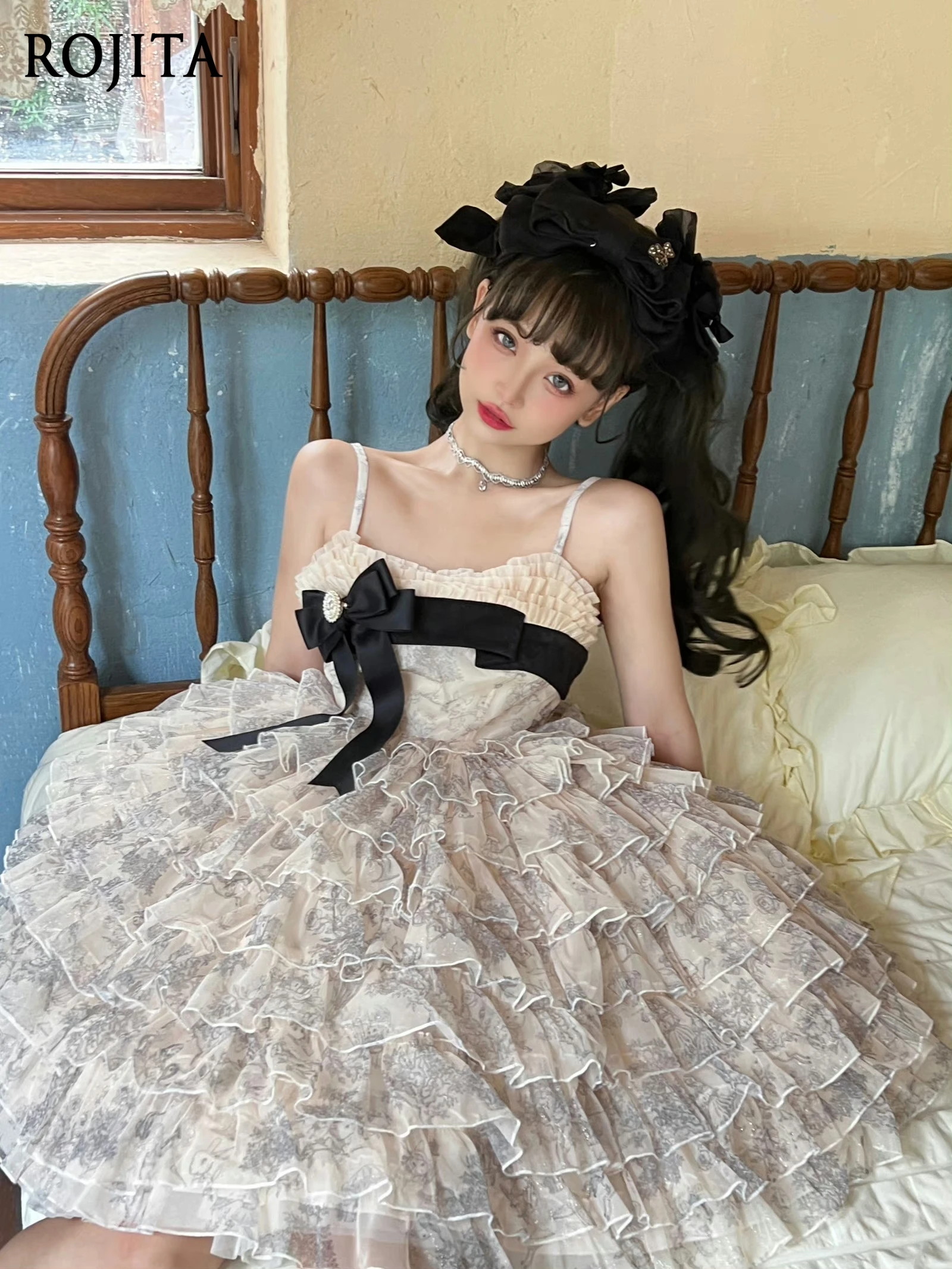 

2025 Summer Daily Lolita Dress Fairy Style Multi-layer Ruffle Cake Dress for Women Elegant Sleeveless Dress Sexy Dresses