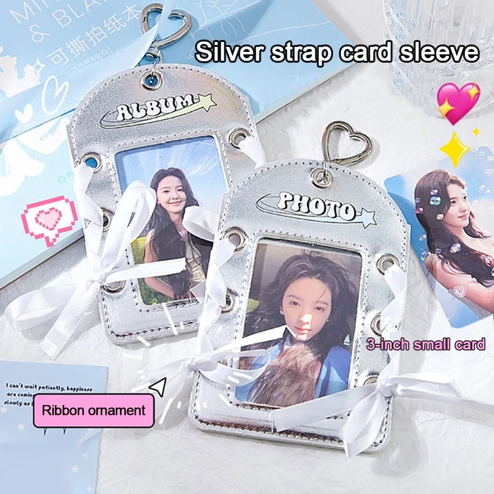 

Portable Y2k Card Holder Shiny Silver Card Storage Idol Photo Card Protective Cover Bow Photo Display Sleeves