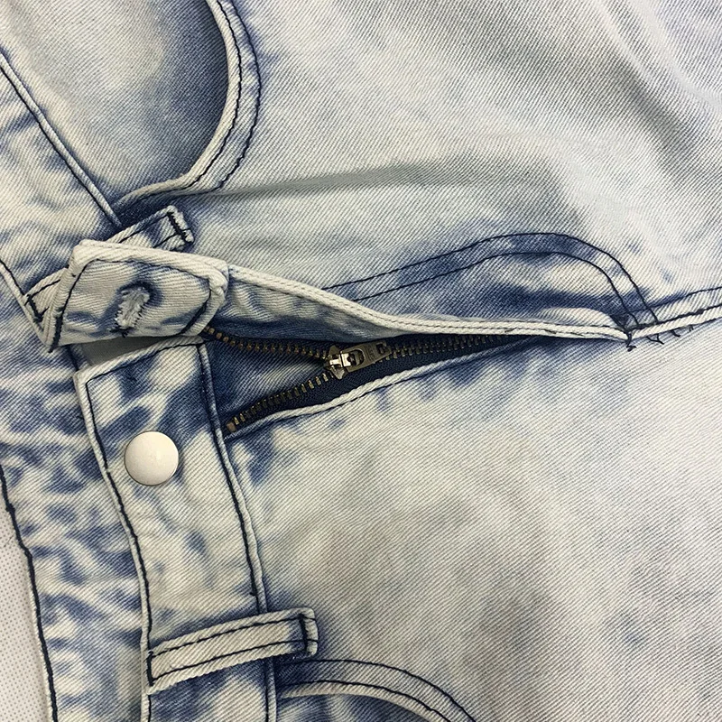 Trendy Men's Jeans with Patchwork Tapestry Hole Punching Slim Fit Zipper Casual Cotton Long Pants Metal Decoration