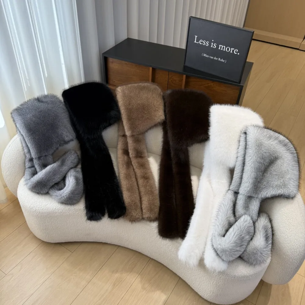 Hot Sale New Women Faux Fur Hat Hooded Scarf Long Winter Warm Fur Earflap Hat With Neck Collar Scarves Hat Scarf y2k Hat