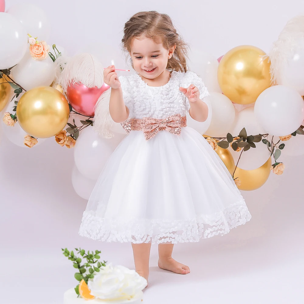 

White Newborn Baby Girls 1st Year Birthday Party Elegant Flower Bowknot Princess Dress Infant Baptism Gown Kids Clothes Vestido